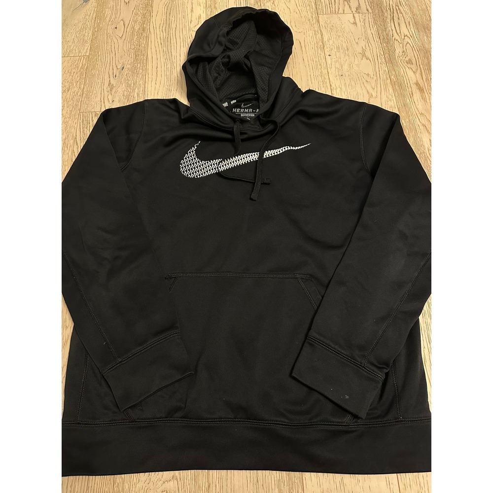 Nike Therma-FIT Mens Hoodie Black Graphic Swoosh Pullover Sweatshirt Size M